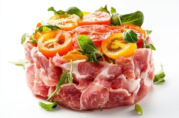 Fresh Pork Dish with Layers of Tomatoes and Spinach Garnish Featuring Vibrant Color and Texture Perfect for Culinary Presentation and Food Photography