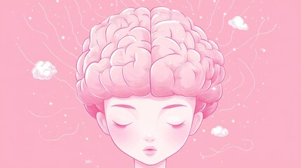 Obraz premium Pink cartoon brain, peaceful expression, creative mind, artistic illustration