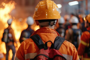 Fire safety training exercise with workers wearing protective helmets and gear standing near flames, emergency response drill improving workplace preparedness, risk management, security compliance.