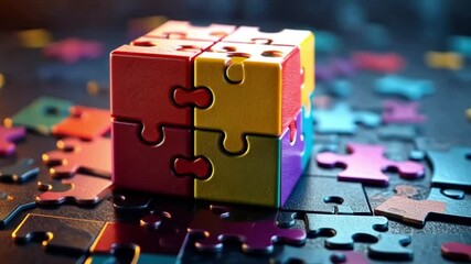 Colorful puzzle pieces forming a cube, dark background, potential for education or problem solving