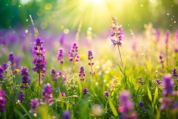 Fototapeta premium Vibrant purple wildflowers bathed in sunlight, perfect for spring or summer backgrounds.