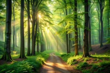 Obraz premium Sunbeams Illuminating a Serene Forest Path