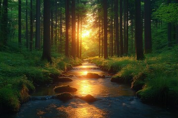 Obraz premium Golden sunset illuminates tranquil forest stream.