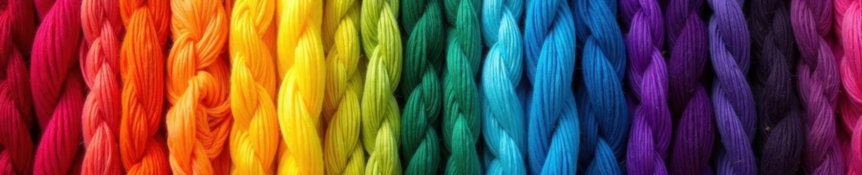 Vibrant cotton threads arranged in rainbow banner ,  handcrafted,  fiber art
