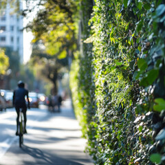 Obraz premium A person rides a bicycle along an urban street lined with lush green foliage, reflecting the blend of nature and city life on a sunny day.