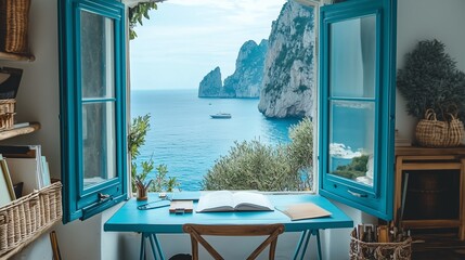 Cozy home office with a blue window frame, offering a view of the sea in Capri, Italy. Interior design photography in the boho style