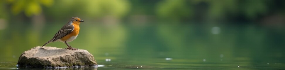 Vibrant robin perched on lake rock, tranquil scene, redbreast, birdwatching