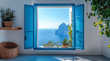 Cozy home office with a blue window frame, offering a view of the sea in Capri, Italy. Interior design photography in the boho style