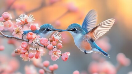 Hummingbirds kissing, spring blossoms, garden, sunset, romance