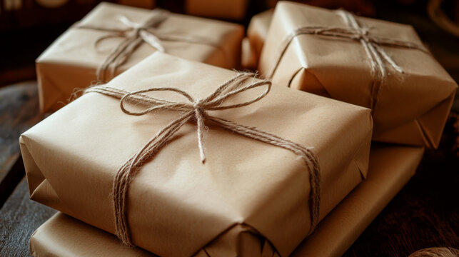 Brown paper packages tied with string are arranged neatly on a wooden surface. Concept of vintage gift-wrapping. For crafting tutorials or festive content