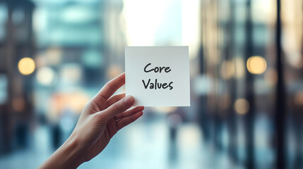 Core Values Phrase and Banner. Photo of a hand holding a white card with cursive text against a blurred background.