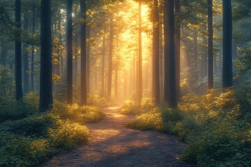 Fototapeta premium Sunlit path through misty golden forest