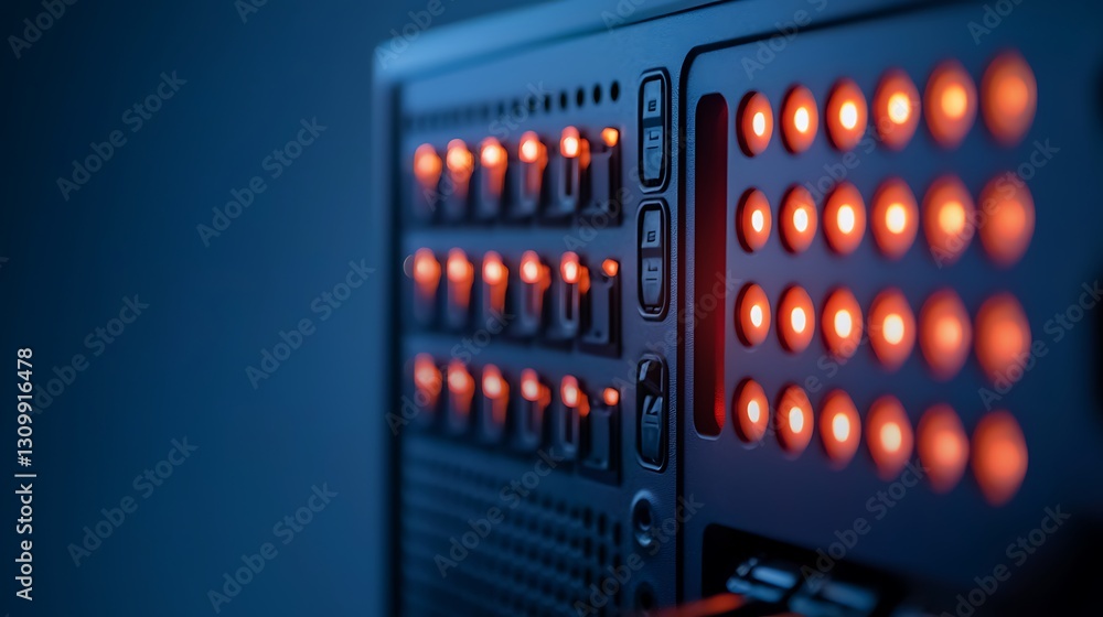 Poster close-up view of illuminated control panel with buttons and indicators on a device in dim lighting