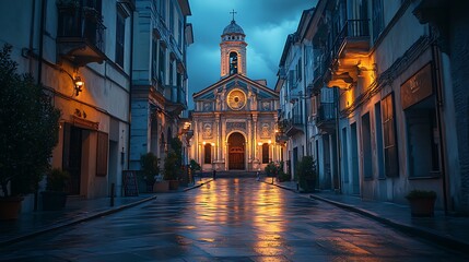 Obraz premium Italian alleyway at dusk, church, wet street, tranquil