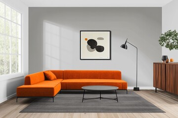 Modern orange sectional sofa in a minimalist living room with abstract art.