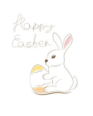 Happy Easter flat vector card. Cute easter bunny holding an egg isolated on white background. Simple vector illustration of the outline of a bunny with an easter egg and the inscription Happy Easter
