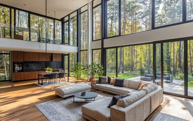 Open-Concept House With Floor-To-Ceiling Windows In Spring