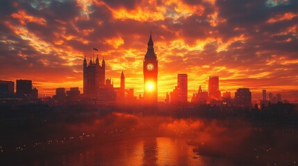 Obraz premium Fiery sunset silhouettes city skyline iconic clock tower.