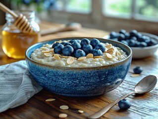 Nourishing Oatmeal Porridge with Fresh Blueberries and Sliced Almonds, Served Over Wholesome Breakfast Milk, A Healthy Meal Option to Start Your Day.
