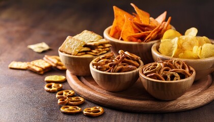 salty snacks pretzels chips crackers in wooden bowls