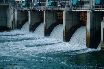 Powerful Water Flowing Through Dam s Spillways Hydroelectric Power Generation