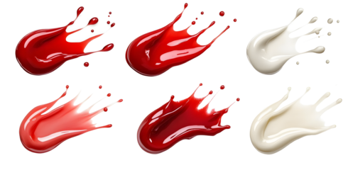 Set of red and white drops and splashes of ketchup or sauce isolated on white background. With clipping path. Full depth of field. Focus stacking. PNG. Generative AI