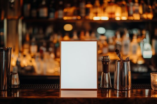 A cocktail menu mockup in an elegant bar setting, featuring a blank menu against a backdrop of bar accessories
