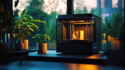 3D Printer Creating Glowing Object, Home Office Setup, Modern Technology, Illuminated Resin Printing