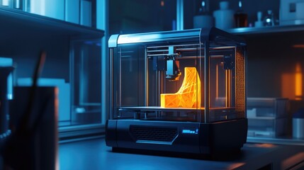 3D Printer Creating Orange Object in Lab Setting