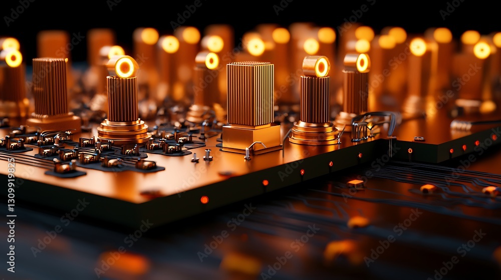 Poster close-up view of illuminated electronic circuit board showcasing intricate components and connection