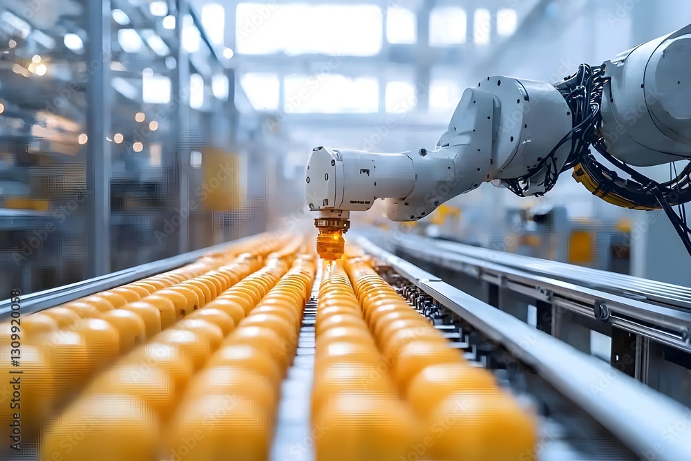 Poster Automated Robotic Arm Sorting and Processing Oranges on Conveyor Belt in Modern Factory