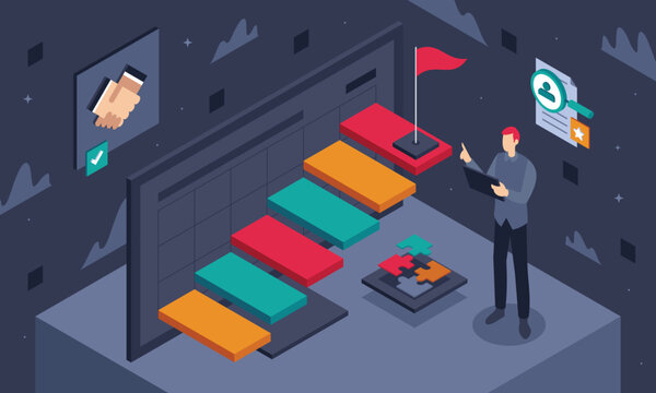This colorful isometric image illustrates an onboarding, process of helping new hires adjust to the social aspects of their new jobs