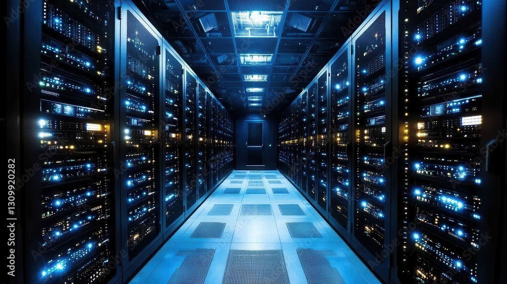 Poster a glimpse into a modern data center with servers.