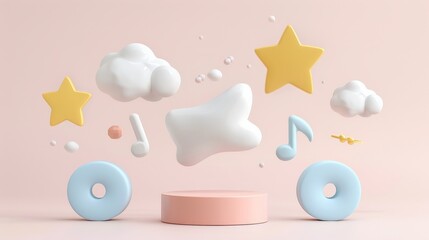 Playful pastel 3D elements including stars, clouds, and music notes floating above minimal podium design on a soft pink background, evoking creativity, imagination, and youthful charm...