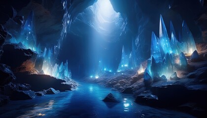 Naklejka premium Vibrant blue crystals shimmer in a dark cave as light dances on tranquil waters below.