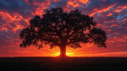 Majestic oak silhouetted against fiery sunset