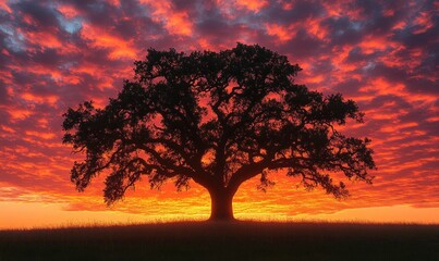 Majestic oak silhouetted against fiery sunset sky