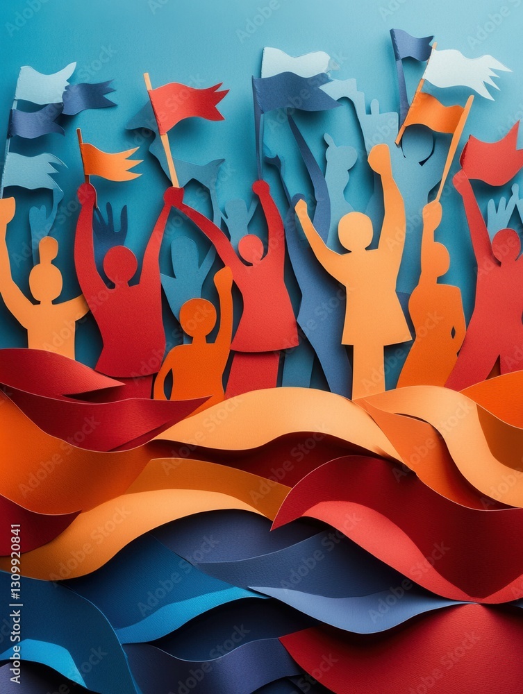 Poster Empowering paper art depicting crowd with flags and hands raised in solidarity for activism and political movements Generative AI
