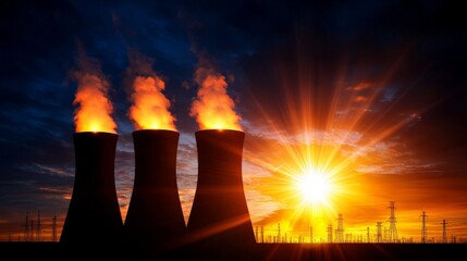   Symphony of Energy: An artistic shot of a power plant with all its systems running in harmony, highlighted by sunlight and shadows, bright