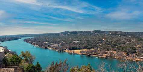 Scenic view of the Colorado river from the top of Mount Bonnel (Cover Park), the highest point in  Austin, Texas, USA