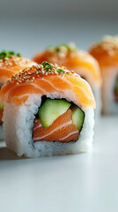 Delicious salmon and cucumber sushi rolls elegantly presented on a plain white background during a dining experience