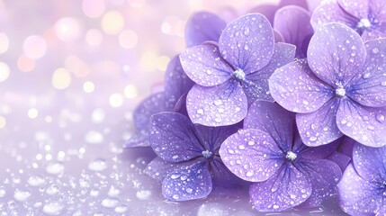 Dew-kissed purple hydrangeas on soft bokeh background