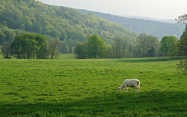 Naklejka premium White Goat Grazing In A Green Spring Pasture
