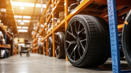 Tires available for sale in an auto garage workshop setting.