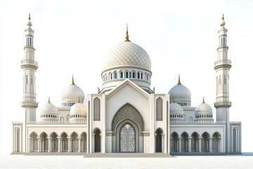 Obraz premium A stunning 3d rendering of an ornate islamic mosque isolated on a white background showcasing its intricate details and symmetrical design as a symbol of peace and architectural beauty
