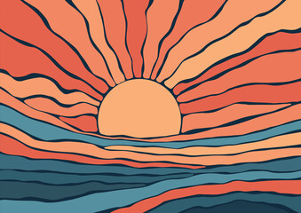 Boho Sunset Over the Ocean – Minimalist and Earthy Coastal Illustration