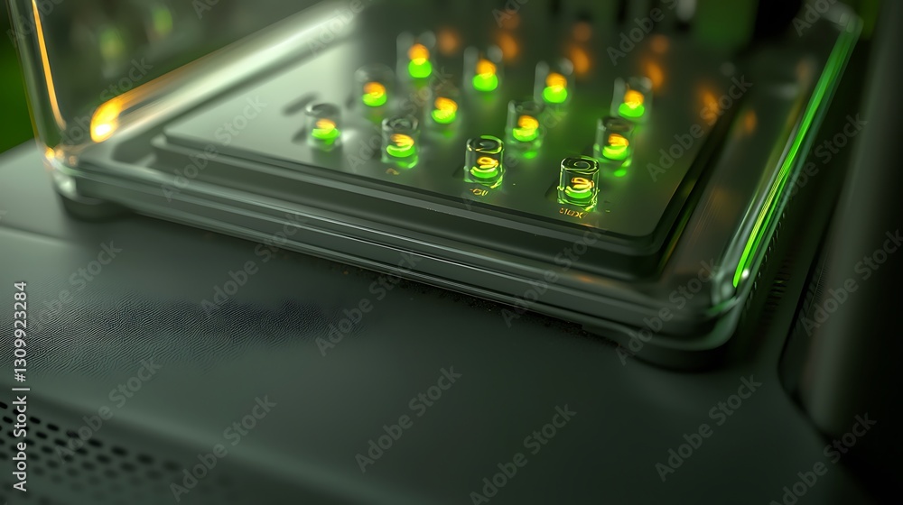 Poster close-up view of illuminated led indicators on a modern electronic device showcasing technology