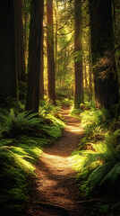Naklejka premium A forest trail leading through ancient redwood trees, with sunlight filtering down 