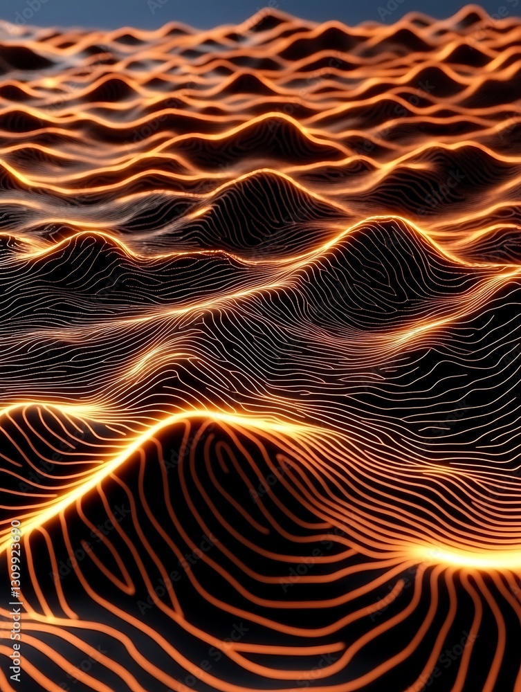 Poster abstract topographic map lines with illuminated orange glow effect