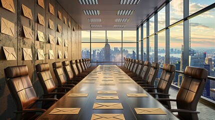 Luxury boardroom with panoramic city view, large wooden conference table, modern leather chairs, sunlight professional atmosphere, conceptualizing strategic meetings, business leadership focus.